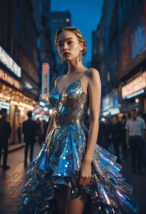 Evening Dress, theater, by hajime sorayama and Brandon Woelfel, 35mm photograph, bokeh, best quality, masterpiece, very aesthetic, perfect composition, intricate details, ultra-detailed