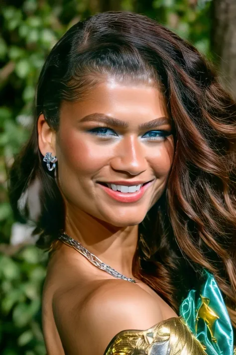 zendaya | Female | 26 years old | Wearing the Wonder Woman costume, consisting of red and blue armor with gold details, short sleeves and a skirt. Accessories: silver tiara with stars, Triforce pendant and silver bracelets. The colors and style are faithfu...