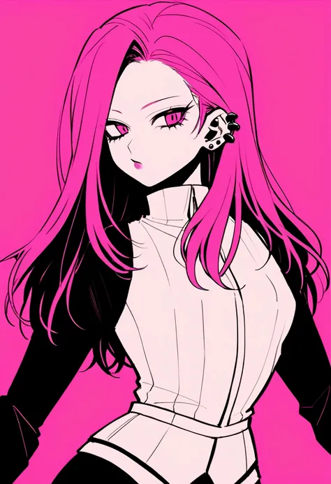 Boku no hero oc of medium height, with a slim figure and defined waist that gives her an androgynous appearance. Her hair is black and reaches her shoulders., with longer pink front locks that fall to the chest. He sports three piercings in each lip and th...