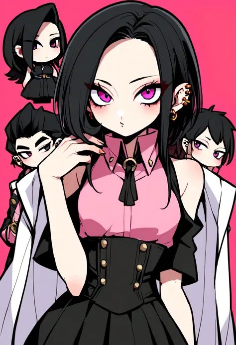 Boku no hero oc of medium height, with a slim figure and defined waist that gives her an androgynous appearance. Her hair is black and reaches her shoulders., with longer pink front locks that fall to the chest. He sports three piercings in each lip and th...