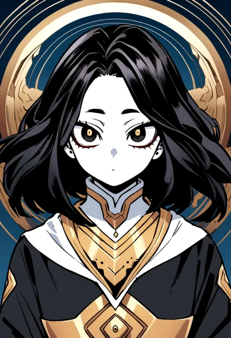 Create an image in the style of the anime boku no hero academia of a young girl with long, wavy black hair, black almond eyes, Asian features and white skin