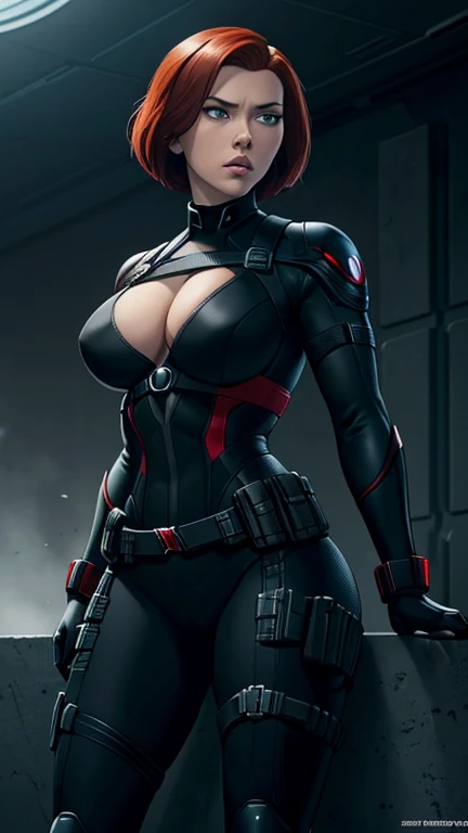 Scarlett Johansson as Black Widow, ((Masterpiece)); ((Natural Beauty)); ((Ultrarealistic green eyes)); both eyes are similar; ((Ultrarealistic fair white skin)); ((Ultrarealistic round boobs)); ((Ultrarealistic red short classic bob haircut hairstyle)); ((...