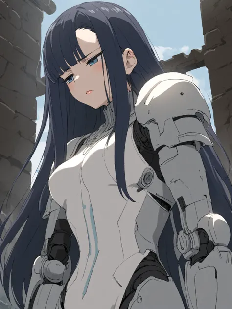 {{upper body, dutch angle}} {{Artist: sincos}} 1girl, solo, bodysuit, light blue eyes, long hair, medium breasts, expresionless, half-closed eyes, jitome, dark blue hair, asymmetrical bangs, android, mechanical joints, robot, white leotard, tall woman, adu...