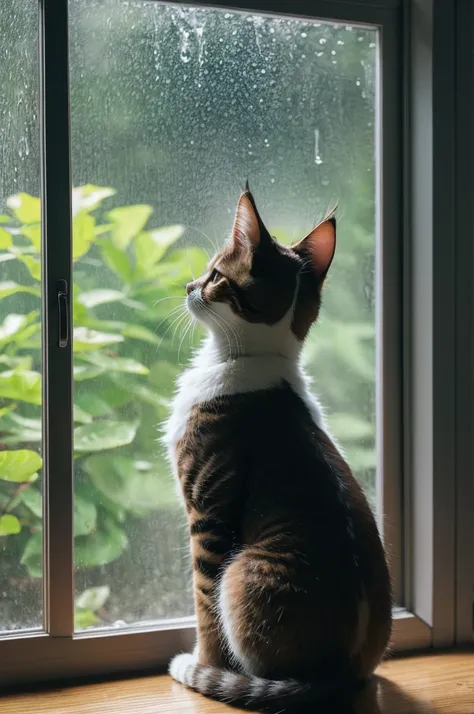 Kitten looking outside by a rainy window。