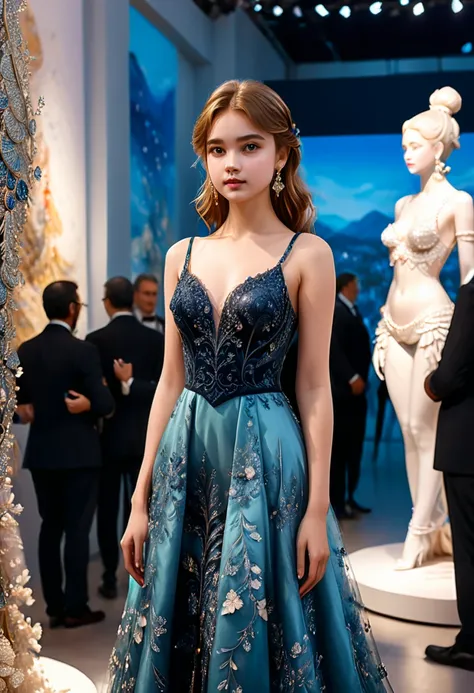 As an artist, the girl appeared at the opening ceremony of an art exhibition wearing a uniquely designed evening gown, exchanging insights with art enthusiasts. Full body, cinematic photo, 35mm photograph, film, bokeh, (masterpiece, best quality, Professio...