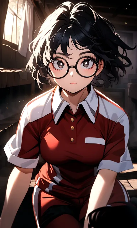 Create an image in the style of the anime boku no hero academia of a young girl with long, wavy black hair, black almond eyes, oval glasses and the U academy sports uniform.a.