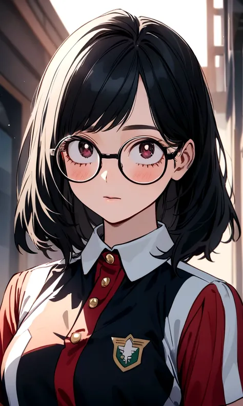 Create an image in the style of the anime boku no hero academia of a young girl with long, wavy black hair, black almond eyes, oval glasses and the U academy sports uniform.a.