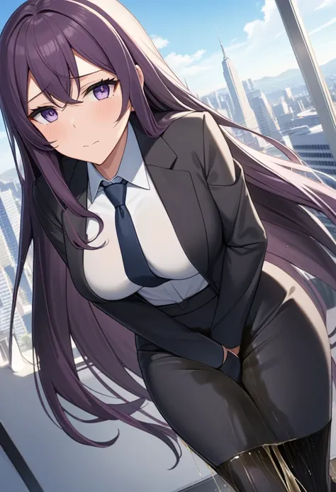 (masterpiece:1.37), best quality, (extremely detailed:1.37), office, window overlooking a bustling cityscape, woman, (mature:1.75), (adult:1.5), (very long hair:1.5), dark purple hair, purple eyes, (extremely detailed eyes:1.37), breasts, sunglasses, busin...