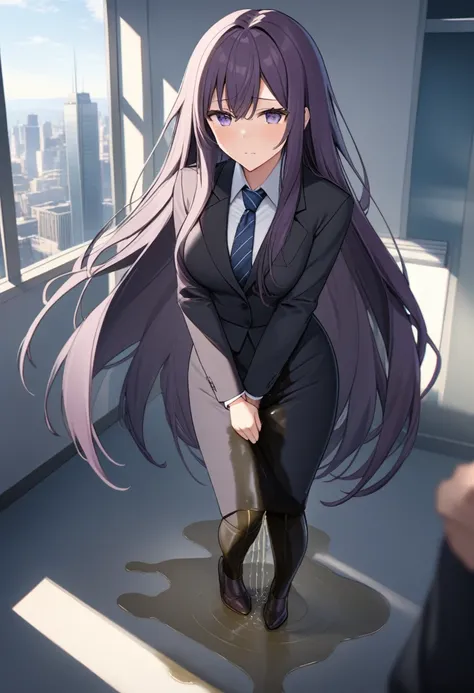 (masterpiece:1.37), best quality, (extremely detailed:1.37), office, window overlooking a bustling cityscape, woman, (mature:1.75), (adult:1.5), (very long hair:1.5), dark purple hair, purple eyes, (extremely detailed eyes:1.37), breasts, sunglasses, busin...