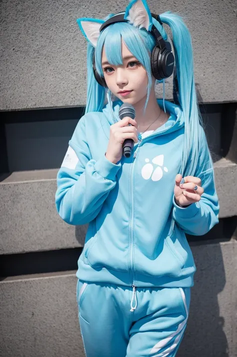 A cute girl with light blue hair in twin tails, wearing a tracksuit and cat ears with headphones with a microphone. Draw her whole body so that you can see it.