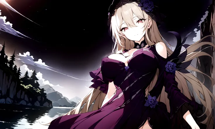 (best quality, highres, masterpiece : 1.4), (flatten art : 0.8), masterpiece, (best quality), 1woman, anime, beige long hair, fair skin, faint red eyes, black and purple headress, medium sized breast, calm smile, (detailed face), black and purple dress, gr...