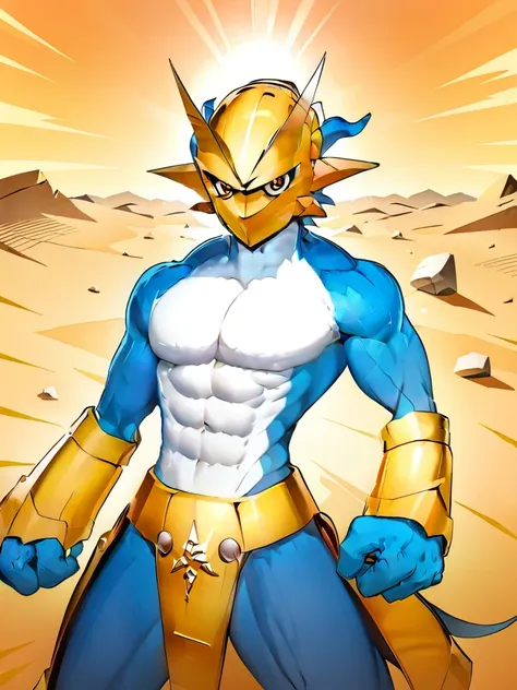 solo,angry ,Magnamon,tall,（musclar：1.5）,blue and white skin,(battle damaged:1.5),(topless Magnamon:2),(armor fragments:1.5),(shirtless:1.5), fighting_stance, in desert ,full_shot
