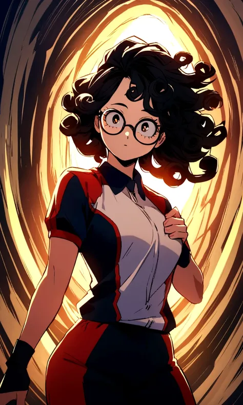 Create an image in the style of the anime boku no hero academia, a young girl with long curly black hair, black almond eyes, oval glasses and the sports uniform of the academy from the anime boku no hero academia