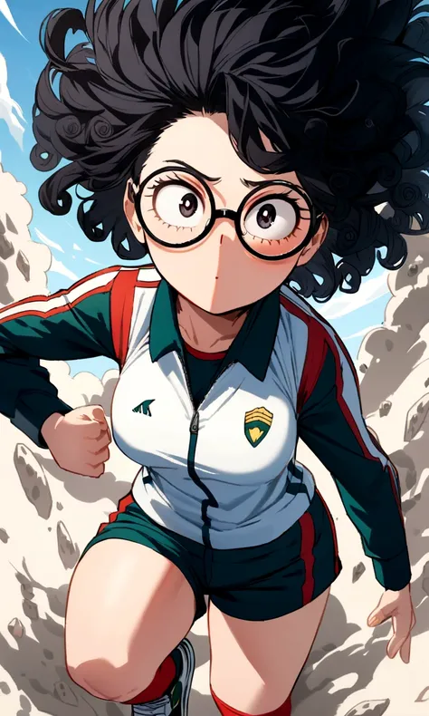 Create an image in the style of the anime boku no hero academia, a young girl with long curly black hair, black almond eyes, oval glasses and the sports uniform of the academy from the anime boku no hero academia