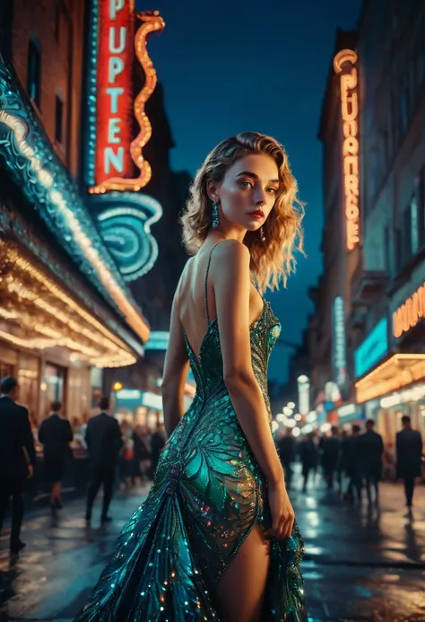 Evening Dress, theater, by Helmut Newton and Brandon Woelfel, 35mm photograph, bokeh, best quality, masterpiece, very aesthetic, perfect composition, intricate details, ultra-detailed