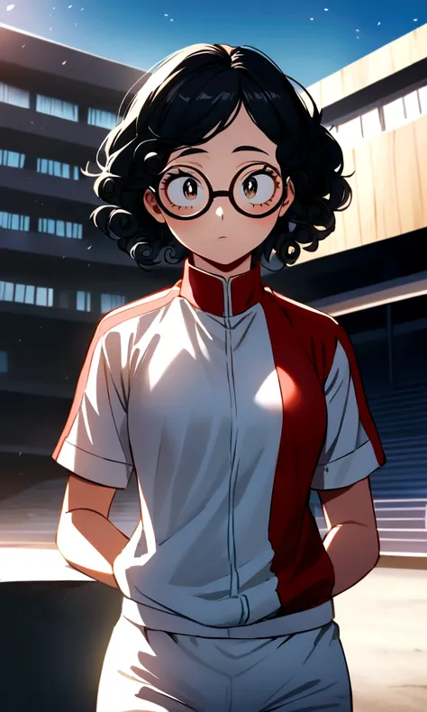 Create an image in the style of the anime boku no hero academia, a young girl with black hair, long and curly, black almond eyes, oval glasses and the sports uniform of the academy from the anime boku no hero academia