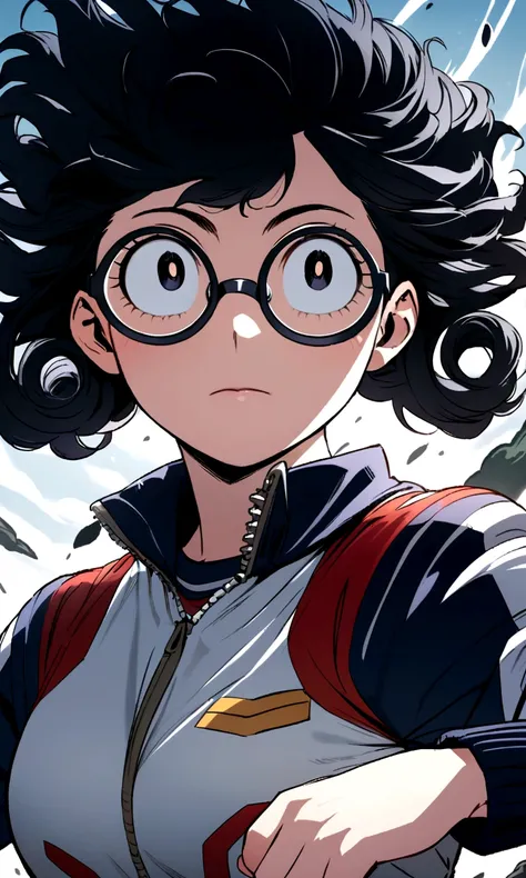 Create an image in the style of the anime boku no hero academia, a young girl with black hair, long and curly, black almond eyes, oval glasses and the sports uniform of the academy from the anime boku no hero academia