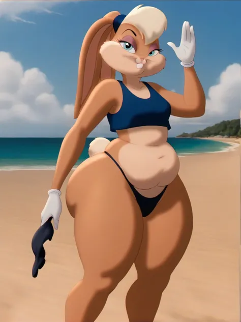 lolabunny, 1girl, solo, furry female, rabbit ears, rabbit girl, animal nose, crop top,white gloves, blue eyes, body fur, standing, tail sleeveless, buck teeth,smile,looking at viewer, outdoors, black bikini, bikini, Hips, Fat Ass, {{{{{{{{Big Hips}}}}}}}},...