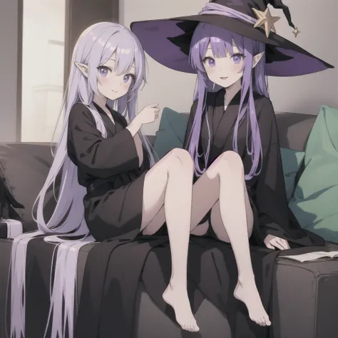 anime girl long purple hair wearing a black Robe. she has pointy ears. Witch Hat. Manga kawaii. iridescent ,An illustration, Sit on the sofa, (no background)