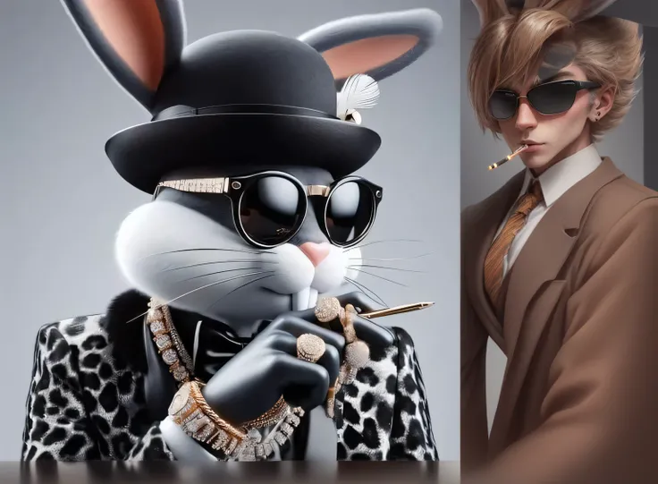 Araffe in suit and sunglasses smoking a cigarette, Portrait of a Bugs Bunny, Bad Rabbit, rabbt_Character, anthropomorphic rabbit, looks damn cool and stylish, bunnypunk, anthropomorphic Gangsterratte, an anthropomorphic Gangsterratte, Subscribe to, cute an...