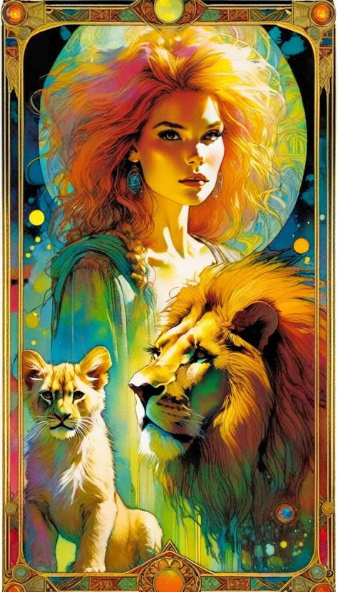 ((tarot card)) STHRENG ((card frame)),(8girl and pet lion) artwork by Bill Sienkiewicz, vivid colors, intricate details, oil.
