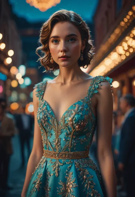 Evening Dress, theater, by Wes Anderson and Brandon Woelfel, 35mm photograph, bokeh, best quality, masterpiece, very aesthetic, perfect composition, intricate details, ultra-detailed