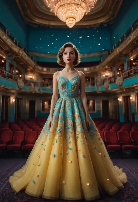 Evening Dress, theater, by Wes Anderson and Brandon Woelfel, 35mm photograph, bokeh, best quality, masterpiece, very aesthetic, perfect composition, intricate details, ultra-detailed