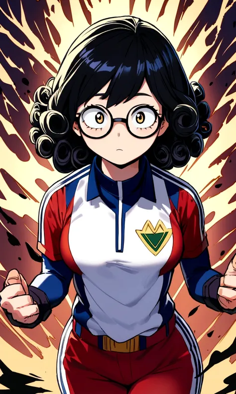 Create an image in the style of the anime boku no hero academia, a young girl with black hair, very long and curly, black almond eyes, oval glasses and the sports uniform of the academy from the anime boku no hero academia