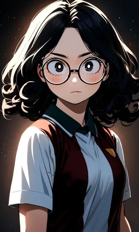 Create an image in the style of the anime boku no hero academia, a young girl with black hair, very long and curly, black almond eyes, oval glasses and the sports uniform of the academy from the anime boku no hero academia