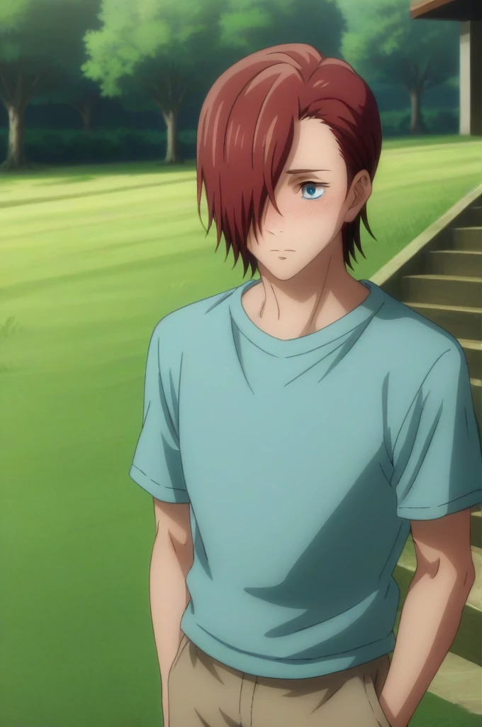 score_9, score_8_up, score_7_up, source_anime, rating_safe, intricate details, anime screencap, anime coloring, , , , 1boy, solo, male focus, junpei_yoshino, red hair, blue eyes, short hair, hair over one eye, cowboy shot, grass, tree, indoors, dark, leani...