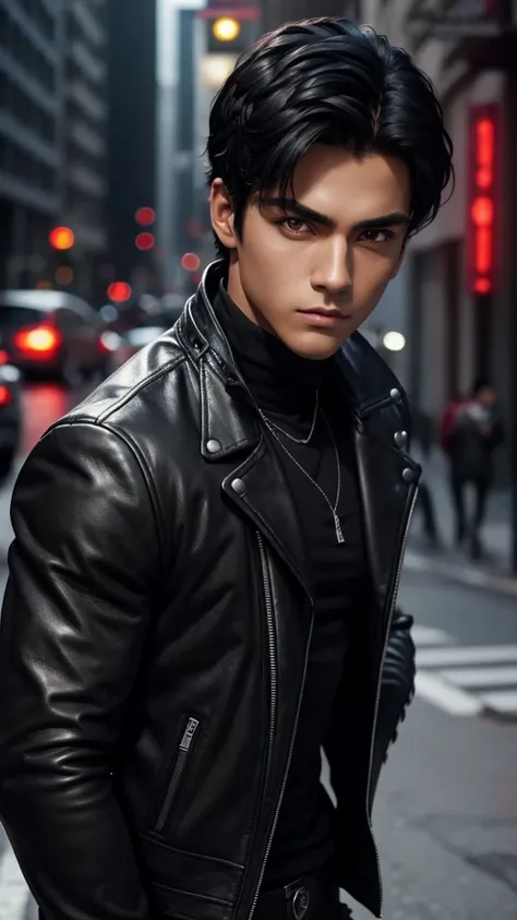 1boy, detailed face, detailed eyes, dark-skinned male, black hair, short hair, red eyes, black jacket, leather jacket, black turtleneck, black jeans, muscular male, outdoors, city