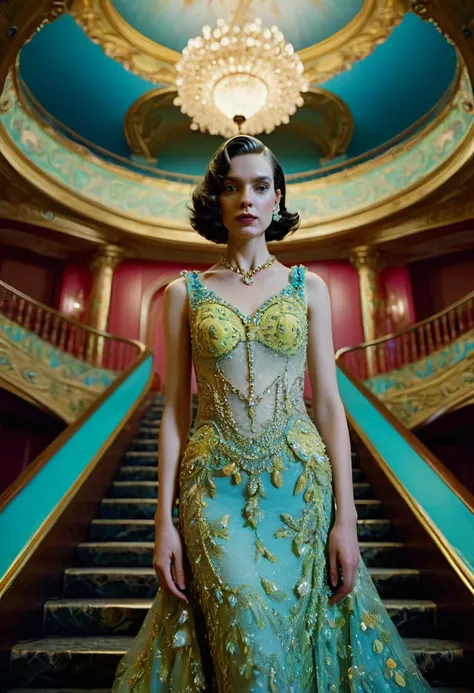 Evening Dress, theater, by Wes Anderson and Miles Aldridge, 35mm photograph, bokeh, best quality, masterpiece, very aesthetic, perfect composition, intricate details, ultra-detailed