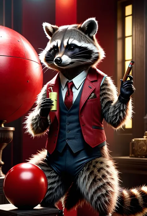 raccoon with a cigar in his fingers that he is smoking, standing in front of him, leaning casually with his elbow on a large red...