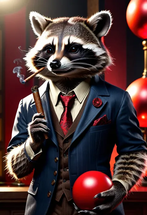 Raccoon with a cigar in his fingers that he is smoking, standing in front of him, leaning casually with his elbow on a large red ball that goes up to his waist, Resident Evil background, detailed realistic raccoon, detailed photorealistic raccoon, very det...