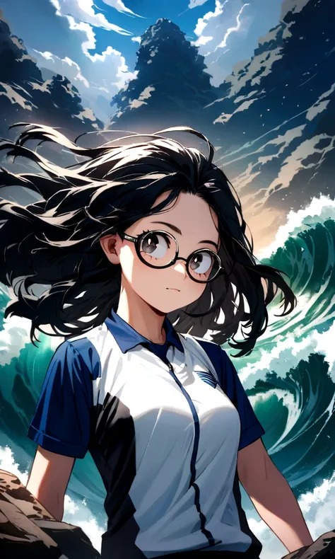 Create an image in the style of the anime boku no hero academia, a young girl with black hair, very long and very marked waves, black almond eyes, oval glasses and the sports uniform of the academy from the anime boku no hero academia