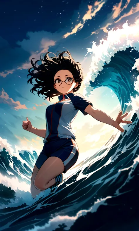 Create an image in the style of the anime boku no hero academia, a young girl with black hair, very long and very marked waves, black almond eyes, oval glasses and the sports uniform of the academy from the anime boku no hero academia