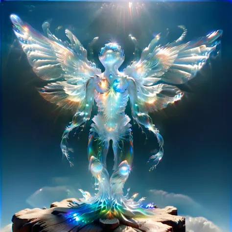 giant creatures, made from a mix of iridescent glass and wood.. the body is smooth and smooth., it sparkles in the light as if m...