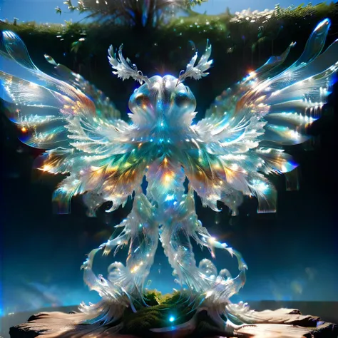 giant creatures, made from a mix of iridescent glass and wood.. the body is smooth and smooth., it sparkles in the light as if m...