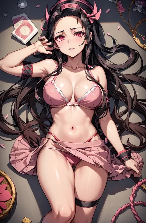 1girl, 1girl nezuko full body, Nezuko Kamado, Nezuko Kamado demon slayer, kamado nezuko, (anime: demon slayer), sexy, female body, perfect body, fullbody, pink enchanting eyes, dark black hair, black hair, black long hair, sexy, perfect body, wearing: pink...