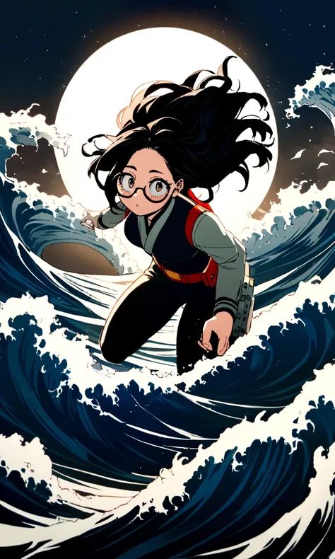 Create an image in the style of the anime boku no hero academia, a young girl with black hair, very long and very marked waves, black almond eyes, oval glasses and traditional Japanese high 