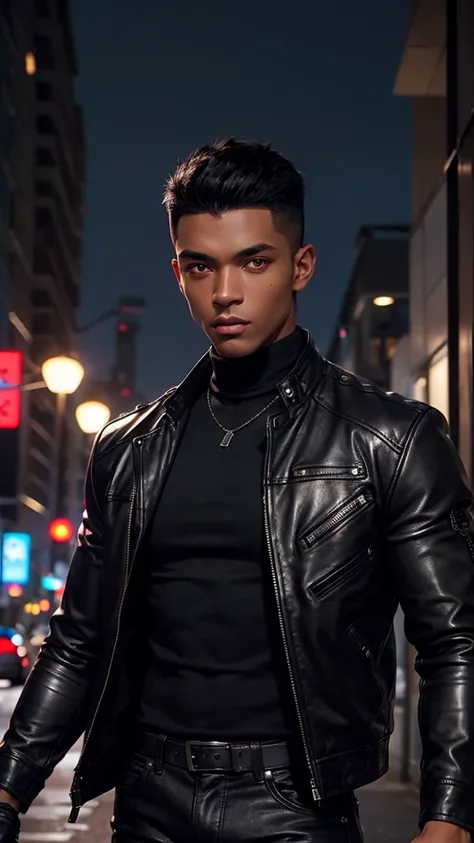 1boy, detailed face, detailed eyes, dark-skinned male, black hair, wolfcut hair, red eyes, black jacket, leather jacket, black turtleneck, black jeans, muscular male, outdoors, city, night, dick out, dick dark skinned