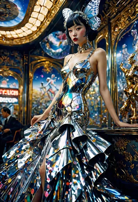 Evening Dress, theater, by hajime sorayama and Miles Aldridge, 35mm photograph, bokeh, best quality, masterpiece, very aesthetic, perfect composition, intricate details, ultra-detailed