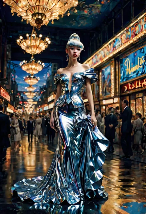 Evening Dress, theater, by hajime sorayama and Miles Aldridge, 35mm photograph, bokeh, best quality, masterpiece, very aesthetic, perfect composition, intricate details, ultra-detailed