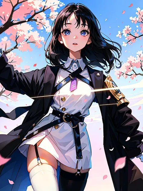 ((highest quality、masterpiece、shining eyes、detailed))、1 cute girl、beautiful face、pop background、beautiful anime、1girl、young girl、 solo、long hair、cute bangs、 (forehead:1.2)、Lilac eyes、(black hair)、 athletic、neutral、 (overcoat、black coat、 open coat:1.2)、yell...