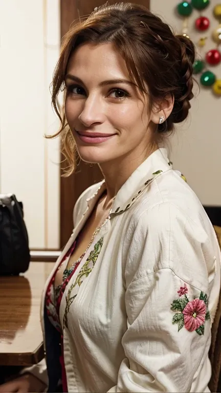 Julia Roberts with her hair up dressed in decorated clothing and a sexy smile.