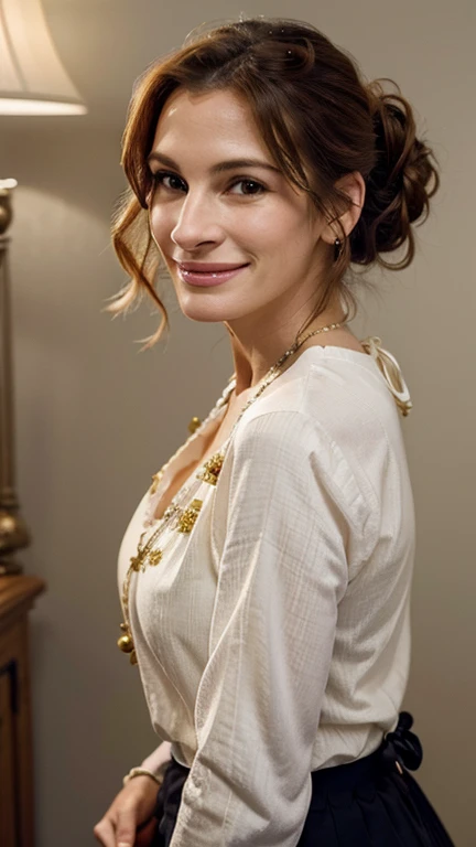 Julia Roberts with her hair up dressed in decorated clothing and a sexy smile.