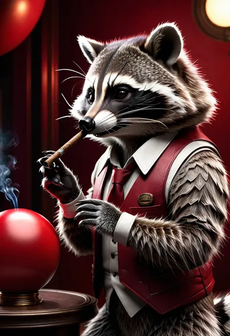 raccoon with a cigar in his fingers that he is smoking, standing in his space leaning casually on a large red ball that is as bi...