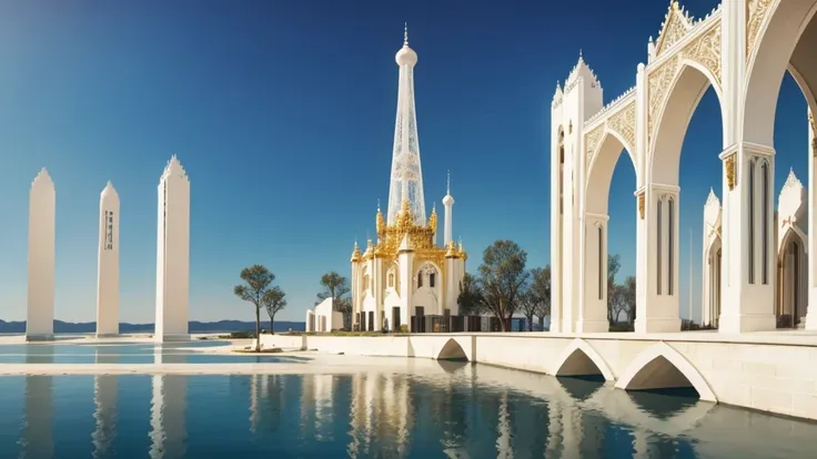 in front of a water well, woman long hair, out of this world landscape white ivory towers cxom gold