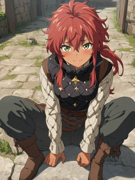 {{upper body}} {{Artist: sincos}} 1girl, 1girl, medieval, facing viewer, medium breasts, black gambeson, white shit, red hair, hair between eyes, messy hair, tan, tomboy, light green eyes, smile, high collar, black puffy pants, brown boots, leather gloves,...