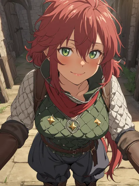 {{upper body}} {{Artist: sincos}} 1girl, 1girl, medieval, facing viewer, medium breasts, black gambeson, white shit, red hair, hair between eyes, messy hair, tan, tomboy, light green eyes, smile, high collar, black puffy pants, brown boots, leather gloves,...